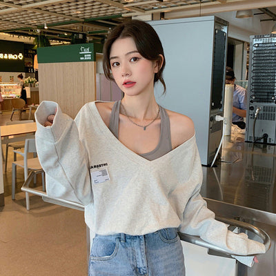 Suéter Falso Dos Piezas Cuello V Mujer - Blusa Suelta y Delgada
