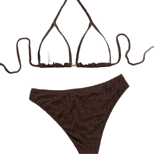 Dark brown textured bikini set with triangle bra top and tie-side bottoms, featuring a small gold metal accent. - Image 5