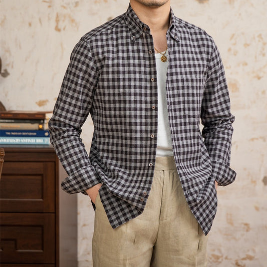 Camisa Vintage de Algodón y Lino a Cuadros de Manga Larga