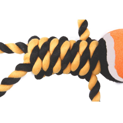 Black and yellow twisted rope dog toy with a bright orange and white tennis ball in the center, for chewing. - Image 4
