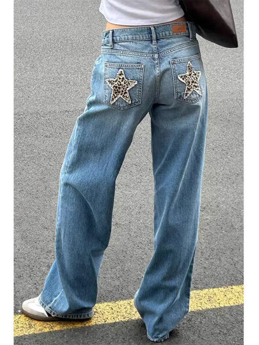 Jeans Vintage Americana con Estampado de Leopardo y Estrellas Bordadas - Image 8