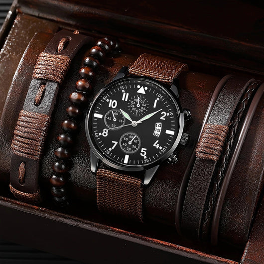 Reloj de Lona con Tres Esferas y Pulsera PU - Set Completo - Image 5