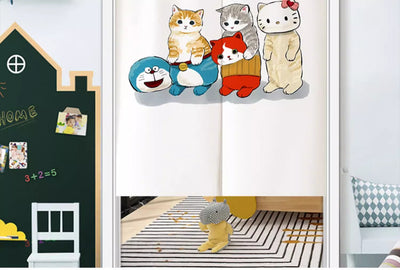 White segmented fabric door curtain with a cartoon design of three cats cooking and surrounded by fried eggs. - Image 13
