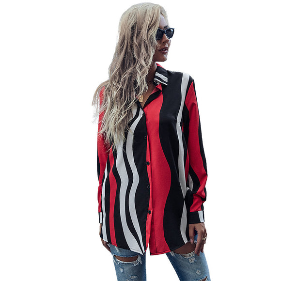 Blusa Rayada Roja con Solapa para Mujer - Manga Larga