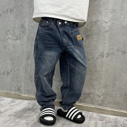 Pantalones Cargo Vaqueros Retro Lavado Pesado con Diseño de Bolsillos Oblicuos