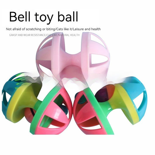 Colorful plastic dumbbell-shaped cat toy with a bell inside, designed for play and exercise.