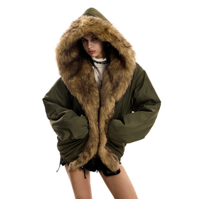 Parka Holgada con Capucha y Cuello de Pelaje para Mujer