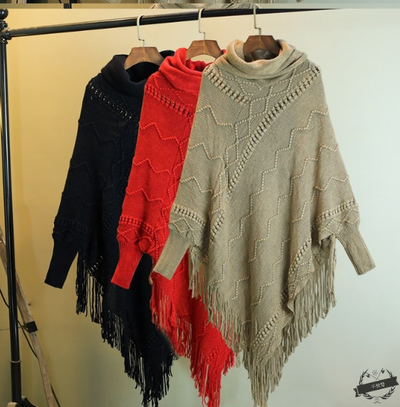 Poncho Tejido Cuello Alto con Flecos - Abrigo Cálido para Otoño e Invierno - Image 7