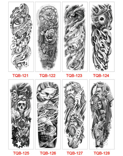 Full arm temporary tattoo sticker with a black, red, and light blue tribal design, featuring abstract shapes and patterns. - Image 48