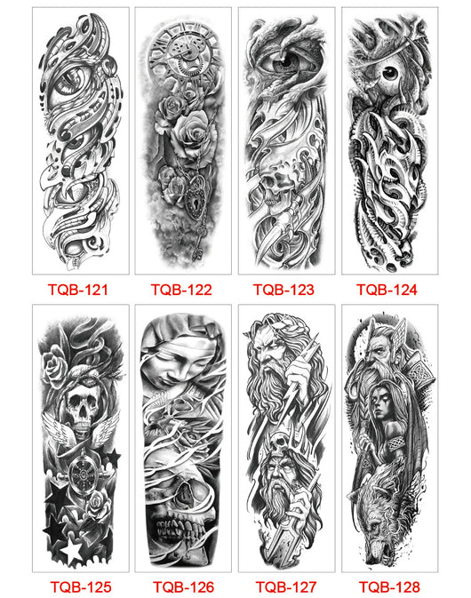 Full arm temporary tattoo sticker with a black, red, and light blue tribal design, featuring abstract shapes and patterns. - Image 48