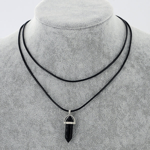 Collar Colgante de Piedra Natural con Cuerda de Cuero Doble y Cristal Hexagonal - Image 9