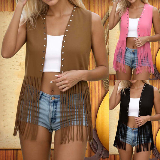 Chaqueta de Gamuza sin Mangas con Flecos y Remaches para Mujer