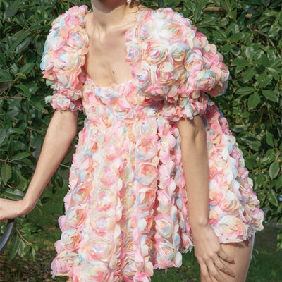Vestido Corto Estampado Floral con Mangas Abullonadas para Mujer