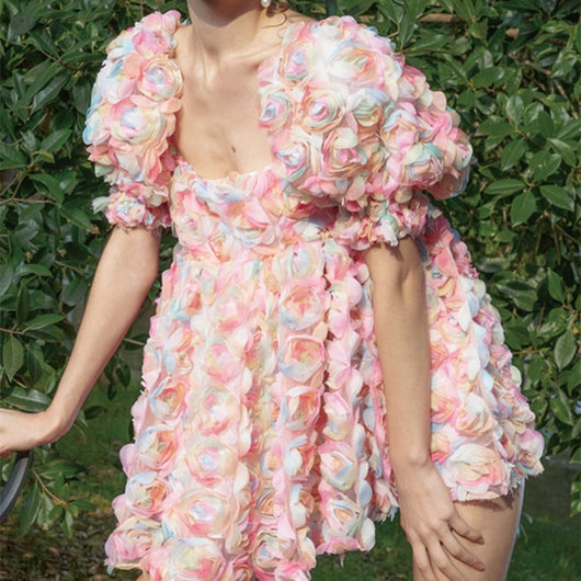 Vestido Corto Estampado Floral con Mangas Abullonadas para Mujer