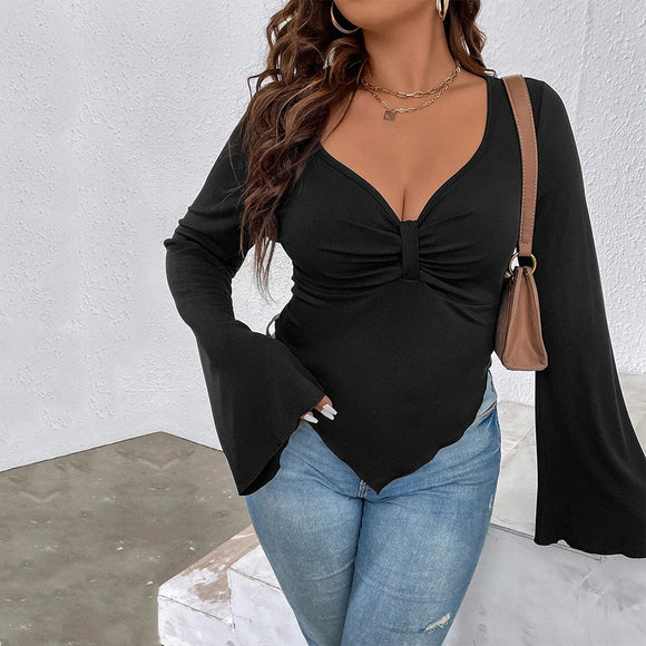 Blusa de Punto Ajustada con Dobladillo Irregular y Mangas Acampanadas