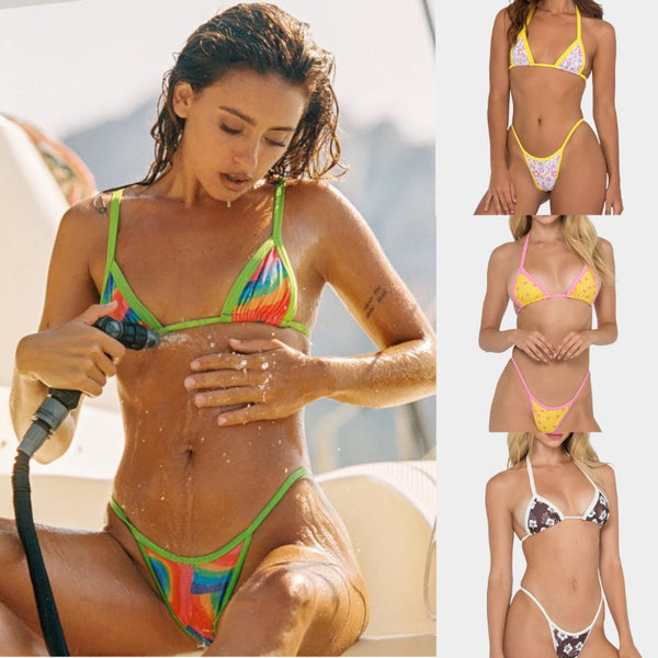 Female split digital print bikini set with a triangle top and thong bottom, featuring a floral pattern and yellow trim.