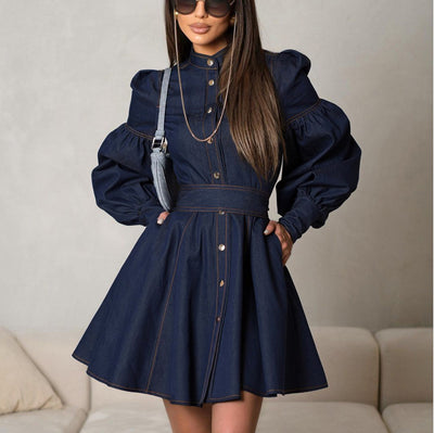Vestido Camisero Denim con Mangas Farol y Cordones - Image 8
