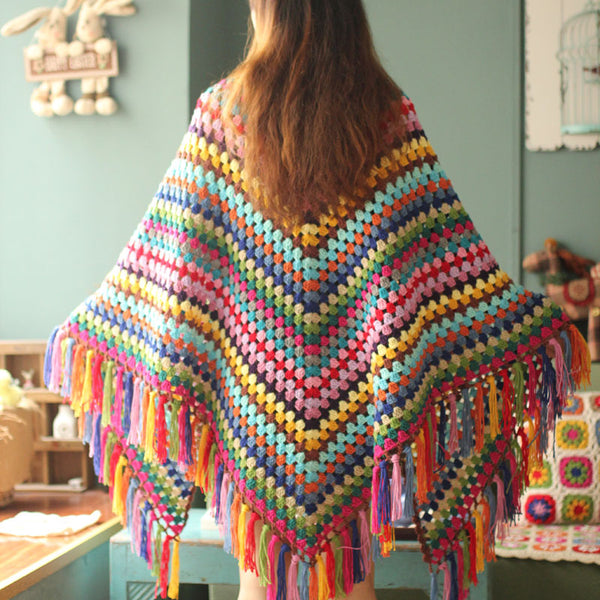 Chal Vintage Tejido a Mano con Borlas Multicolor