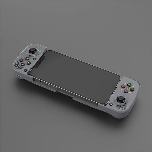 Teal mobile phone wireless game handle with a smartphone inserted, displaying a game, compatible with iOS and Android. - Image 17