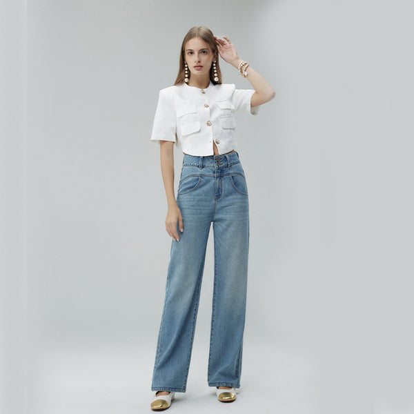 Pantalones Anchos Cintura Alta Estilo Retro con Detalles Rotos para Mujer