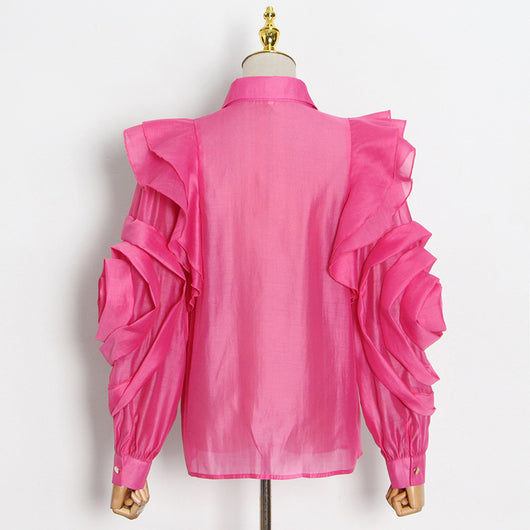 Blusa Organza Color Sólido con Cuello Solapa y Volantes - Image 9