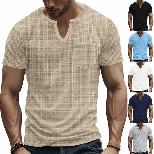 Camiseta Hombre Bambú Lino Artificial Suelta Transpirable Cuello V Manga Corta