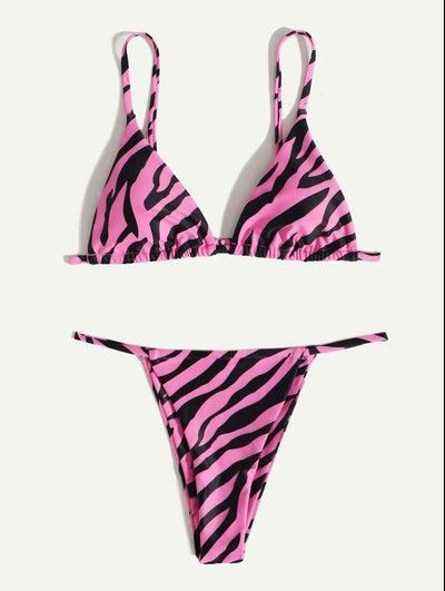 Pink and orange zebra print two-piece bikini with triangle top and high-cut tie-side thong bottom. - Image 8