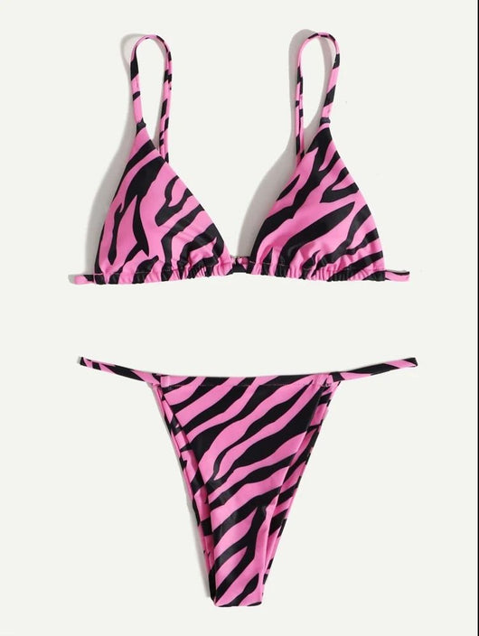 Pink and orange zebra print two-piece bikini with triangle top and high-cut tie-side thong bottom. - Image 8