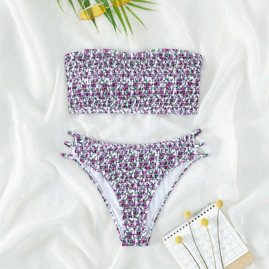 Floral smocked strapless bandeau bikini with high-cut bottoms featuring side straps, in white, teal, and red. - Image 10
