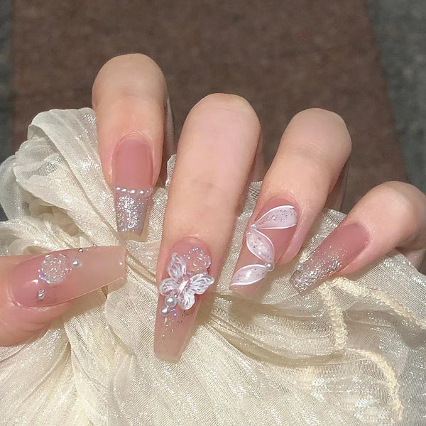 Uñas Postizas con Diseño Rosa y Listón