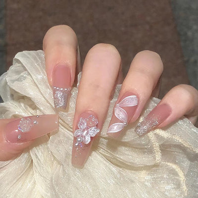 Uñas Postizas con Diseño Rosa y Listón