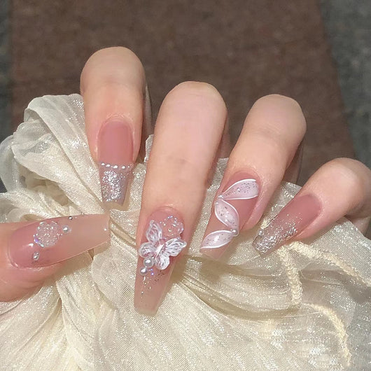 Uñas Postizas con Diseño Rosa y Listón