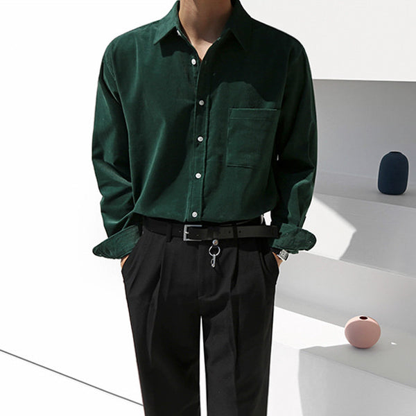 Camisa de Pana Suelta Retro Coreana de Color Sólido