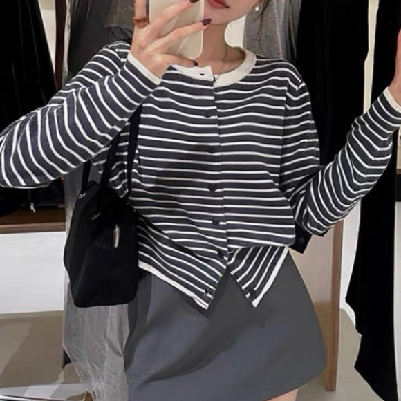 Cardigan Clásico de Rayas Estilo Francés para Mujer