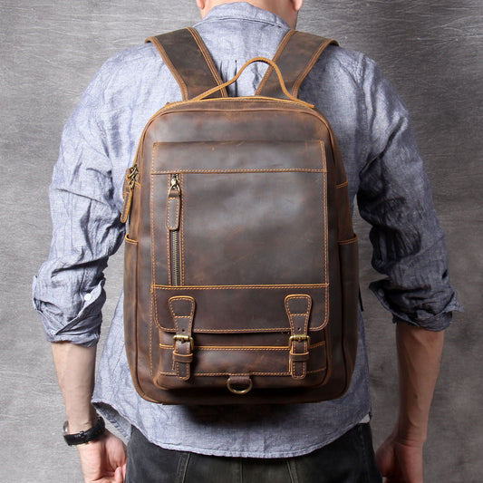 Mochila de Cuero Vintage Crazy Horse de Alta Capacidad