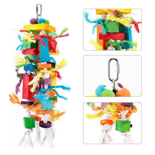 Colorful wooden and rope nibbling toy for parrots, featuring blocks, beads, and knotted ropes, next to a macaw. - Image 7