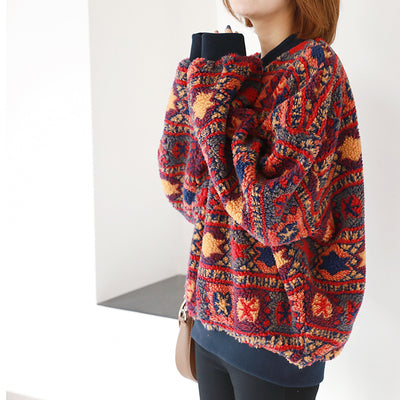Blusa Pullover Cuello Redondo Lana de Cordero Estilo Étnico Estampado Retro - Image 5