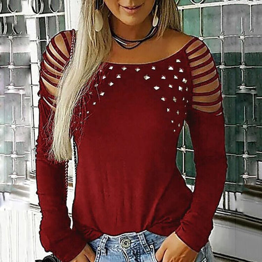 Camiseta Manga Larga Estilo Explosivo con Perforado Brillante para Mujer - Image 11