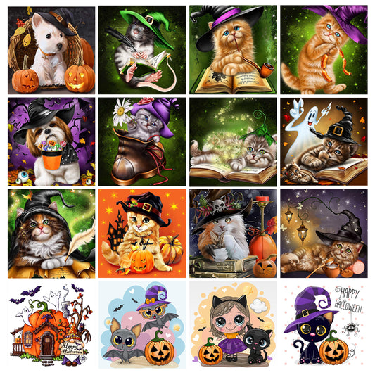 Pintura de Diamantes Gato Halloween Cuadrado - Arte Relajante y Decorativo