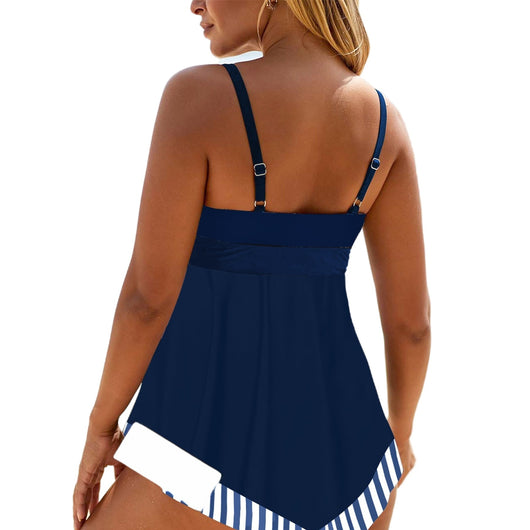 Black plus size tankini top with a colorful scalloped pattern on the bust and hem, featuring criss-cross straps. - Image 3