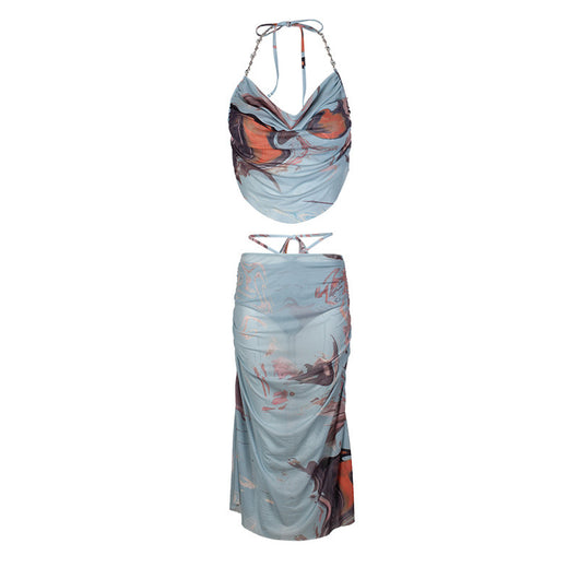 Light blue abstract print two-piece bikini set with a cropped halter top featuring chain straps and a ruched maxi skirt. - Image 5