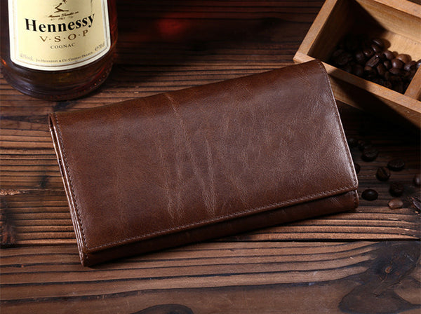 Billetera Larga de Cuero Genuino con Acabado Vintage Oil Wax