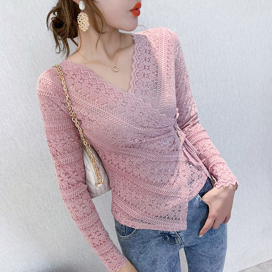 Blusa de Encaje Manga Larga Escote V Sexy para Mujer - Image 4