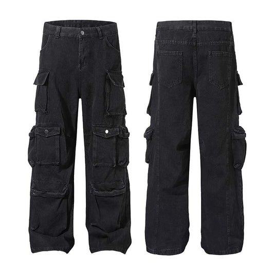Pantalón Cargo Denim Lavado Industrial con Múltiples Bolsillos