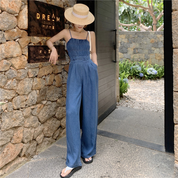 Pantalón Denim Vintage con Tirantes Plisado de Pierna Ancha