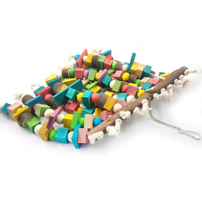 Colorful wooden parrot bite toy with a natural branch hanger and multiple strings of beads and blocks. - Image 4