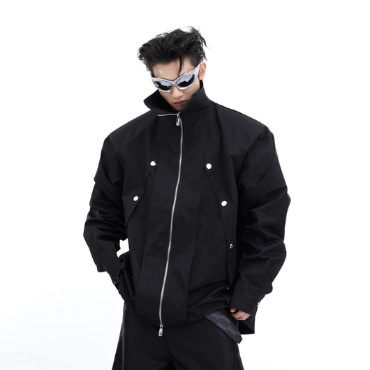Abrigo Camisero Hombre Diseño Doble Capa Cuello Alzado con Detalles Metálicos