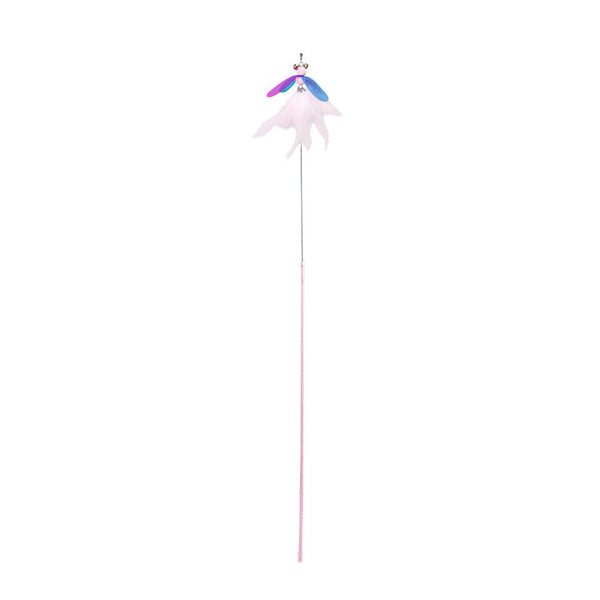 Fluffy pink feather cat toy replacement head with iridescent purple and blue wings, small bells, and a hook. - Image 4