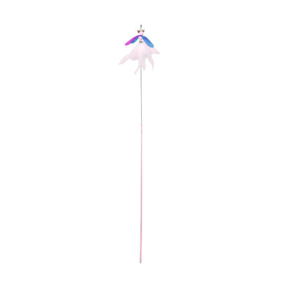 Fluffy pink feather cat toy replacement head with iridescent purple and blue wings, small bells, and a hook. - Image 4