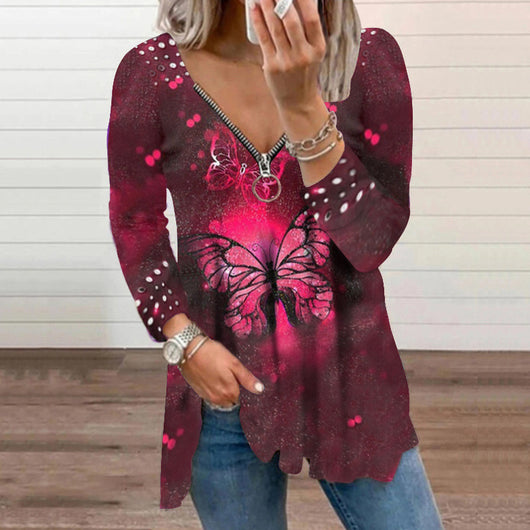Blusa Pullover Mujer Cuello V con Cremallera y Estampado Perla - Image 5